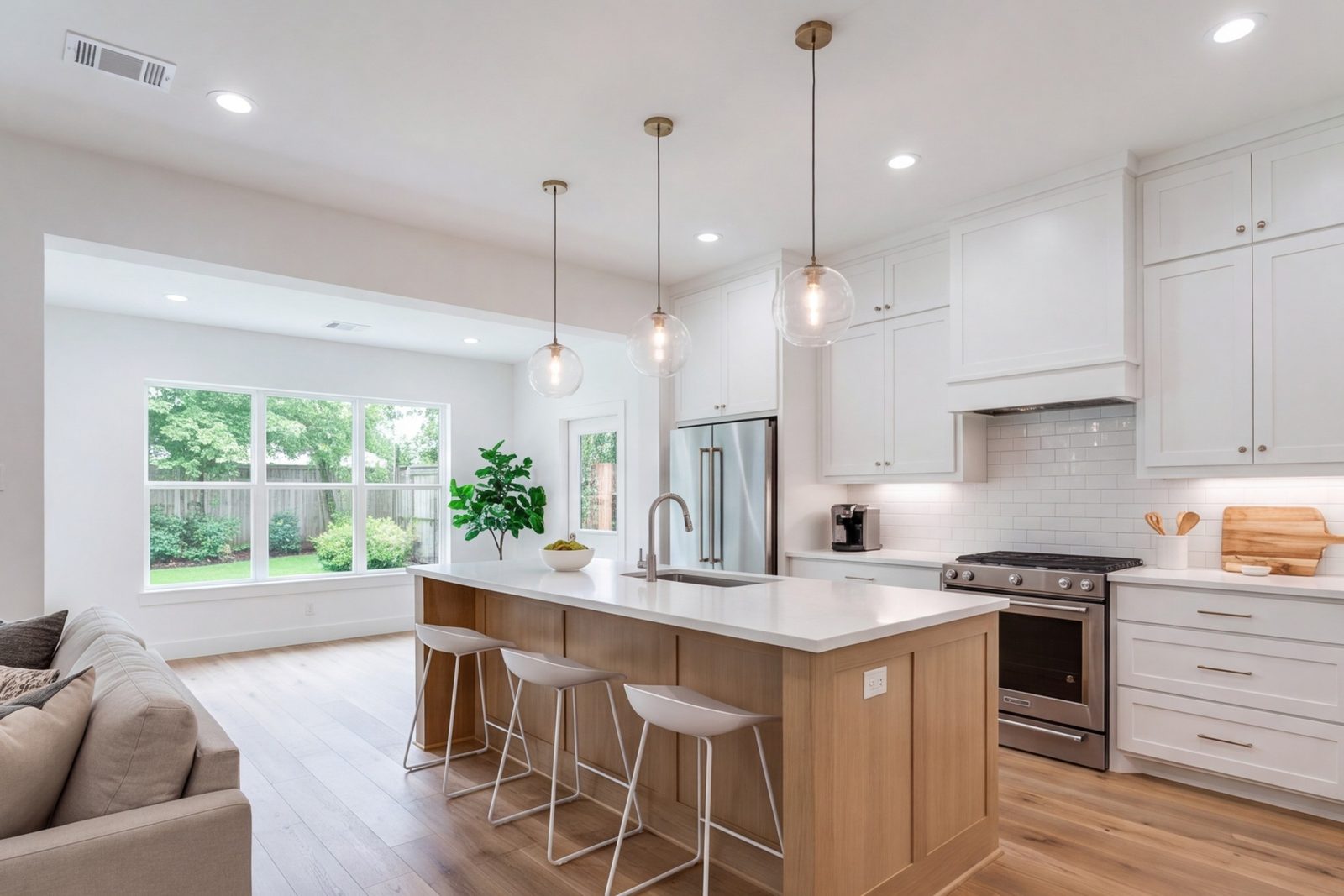 Kitchen in a Heights bungalow, back wall opened to the living room with an island