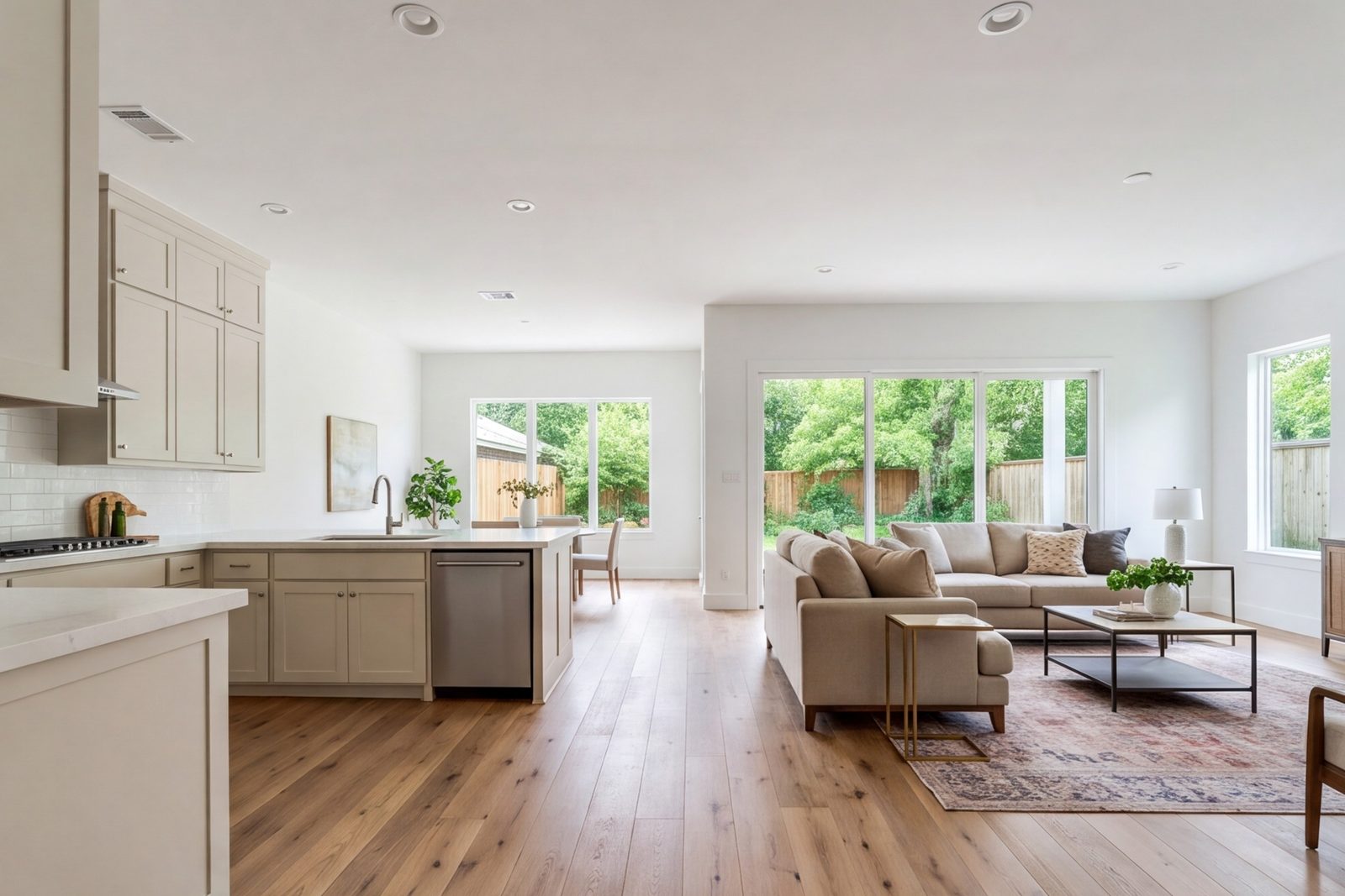 Whole-home remodel in Oak Forest, kitchen flowing into a bright living room