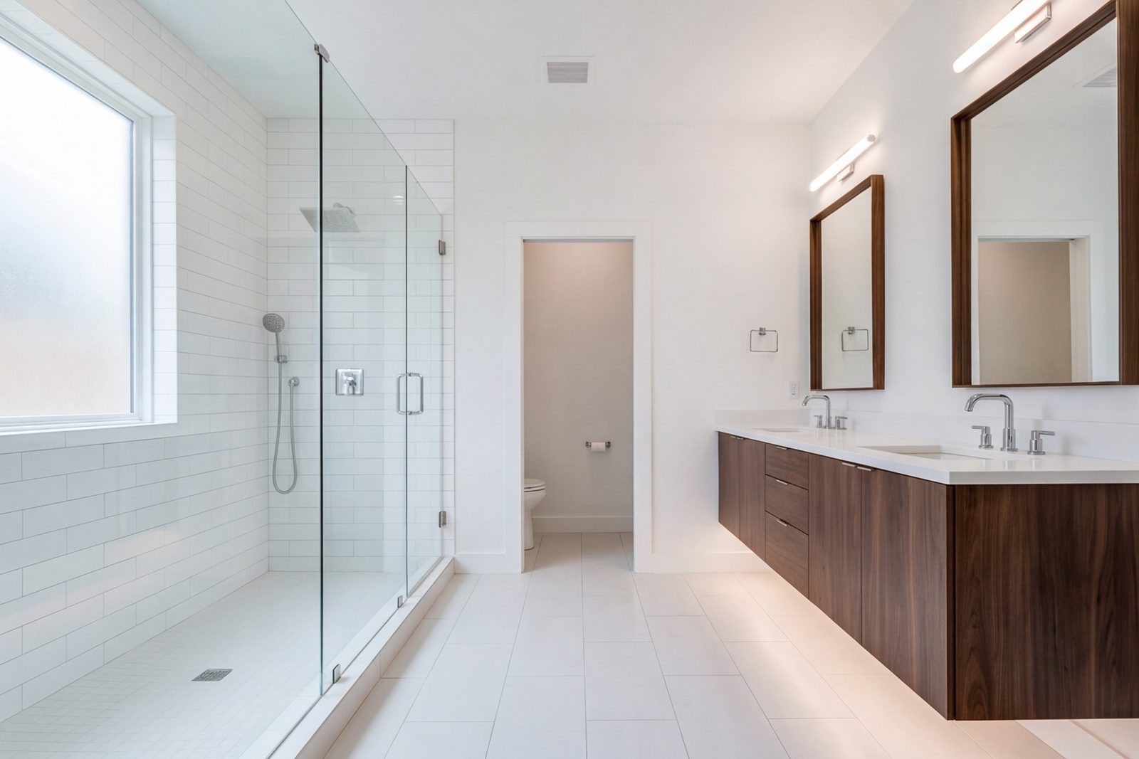 Wide primary bathroom in a Lindale Park house with a large shower and double vanity