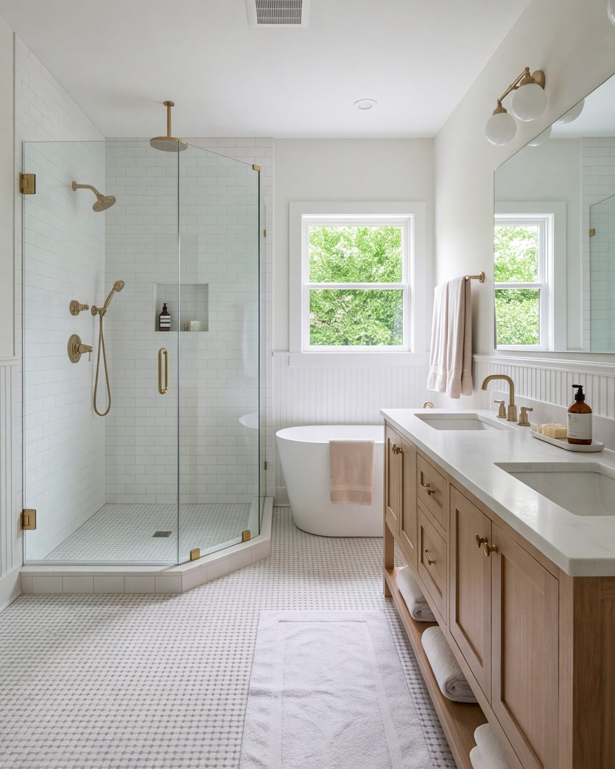 Wide primary bathroom with a walk-in glass shower and double vanity in a remodeled Houston home